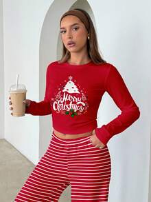 Aloruh 女士休闲圣诞树印花长袖T恤和条纹宽松直筒裤两件套睡衣套装，圣诞装 - 紅色 - 查看 4