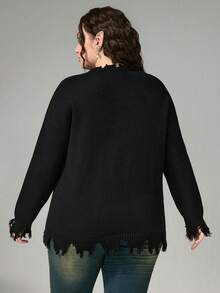 ROMWE Fairycore Plus Size Mushroom Pattern Jacquard Distressed Hem Loose Pullover Sweater For Plus Size Women - Black - View 3