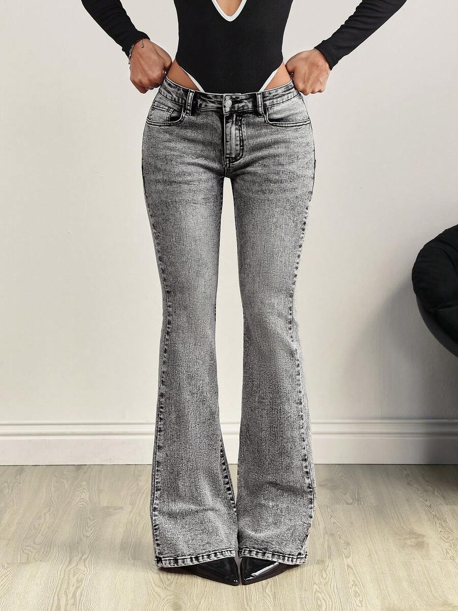 SHEIN Tall Tall Waist Slim Fit Distressed Flare Leg Jeans - Light Grey - View 1