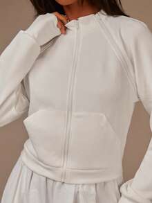 Athîral 女士白色插肩袖拉链休闲运动外套，面料舒适柔软，四季皆宜，白色上衣，新年必备，白色拉链外套，白色运动夹克，白色健身夹克 - 白色 - 查看 5