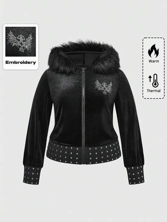Große Größen Gothic Schädel Strass Nieten Saum Flauschige Kapuzen-Sweatshirt, Street Goth Punk Mode Große Größen Frauen Hoodies, Große Größen Frauen Herbst/Winter Kapuzenpullover