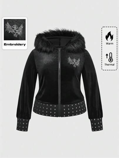 Plus Size Gothic Skull Rhinestone Rivet Hem Fluffy Hoodie Sweatshirt, Street Goth Punk Fashion Plus Size Women Hoodies, Plus Size Women Autumn/Winter Hooded Tops