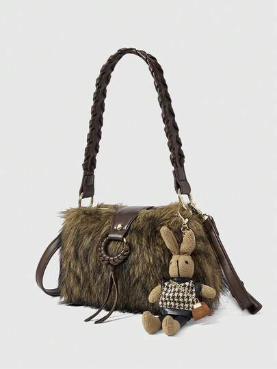 Grunge Punk Millennial Style Women's Shoulder Bag, Vintage Bag, Western Wallet, Bohemian Vacation Bag, Plush Bag,Hobo Bag, Vacation Essentials, Y2k, Retro, Fashionable, Personalized, Simple, Versatile,Pendant Accessory, Street, Sweet And Cool Girls, Hot Girls, Daily , Autumn And Winter (Random Pattern)