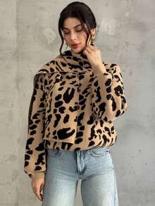 Firerie Women's Elegant Daily Casual Street Fashion Commute Versatile New Leopard Print Long Sleeve Sweater With Scarf, Autumn/Winter - Coffee Brown - View 4