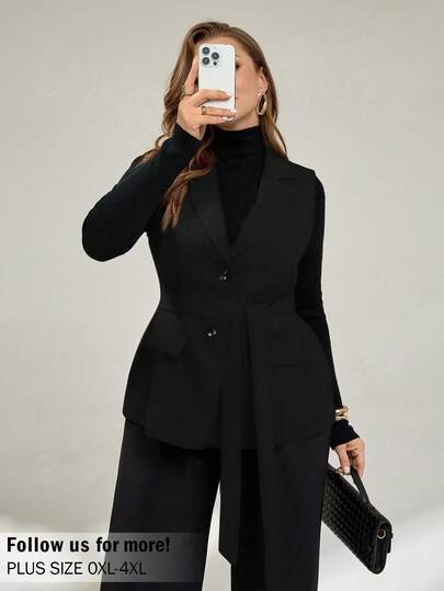 Auralis Colete Jaqueta Casual Solta e Confortável Cinza para Mulheres Plus Size, Estilo Old Money, Roupa de Trabalho, Casual Executiva, Outono/Inverno, Escritório para Mulheres