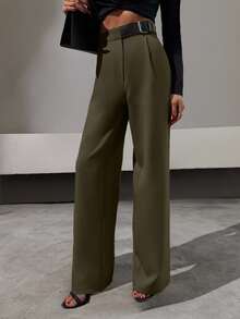 SHEIN Tall Elegant Style, Half Faux Leather Belt Detailed Straight Fit Pant - Army Green - View 5