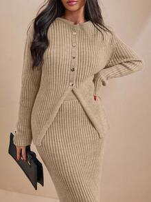 EURMUSE Women Solid Color Front Button Rib Knit Cardigan & Sweater Skirt Set - Beige - View 2