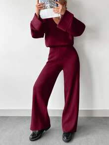 EURMUSE Women's Solid Color V-Neck Long Sleeve Sweater And Knitted Pants Casual 2-Piece Set, Autumn/Winter - Burgundy - View 4