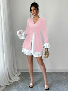 Elenzga Abito mini elegante e alla moda con scollo a V e maniche a campana a contrasto di colore per donna - Rosa - Visualizzare 6