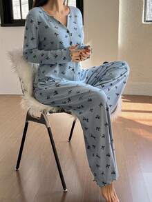 DAZY 2件套女士针织蝴蝶结印花睡衣套装，秋冬服装 - 藍色 - 查看 4