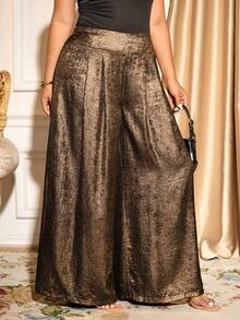 Cravure 大码女式高腰宽松阔腿裤，松紧腰带，金属光泽面料，褶裥阔腿设计，宽松优雅，舒适透气，适合夏季派对和通勤穿着。 - 咖啡棕 - 查看 4