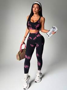 Dewbera 女士无缝瑜伽套装，交叉肩带文胸上衣和紧身打底裤 - 彩色 - 查看 1