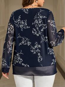EMERY ROSE Plus Size Women's Elegant Party Casual Loose Floral Print Sheer Mesh Double Layer Long Sleeve Blouse Shirt Top, Autumn/Winter,Going Out,2025 New,Simple And Fashionable For Everyday Wear, Plus Size Winter,Comfortable And Breathable,Christmas For Women, New Year,Thanksgiving For Women, Modest Blouse, Tunic Blouse, Women Long Sleeve Blouse - Navy Blue - View 4