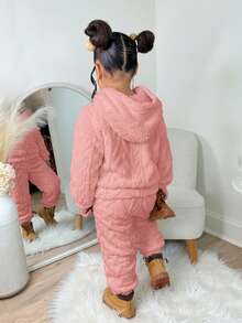 Set de 2 piezas: Sudadera de forro polar texturizada + Pantalones de ajuste holgado para niñas jóvenes, uso casual para otoño/invierno - Rosa - Ver 2