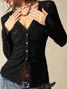 Bohemela Casual Solid Color Knit Lace Flare Sleeve Fitted Women Top - Black - View 2