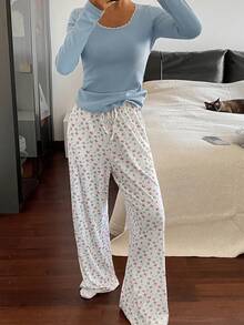 DAZY 女士碎花修身上衣和睡裤套装，秋冬款 - 藍色 - 查看 6