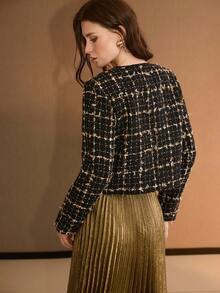 MOTF PREMIUM TWEED PLAID PATTERN SINGLE BREASTED PLACKET CROP JACKET