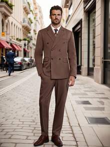 Calvornis 男士修身双排扣长袖西装外套和口袋裤套装 - 紫紅色 - 查看 1