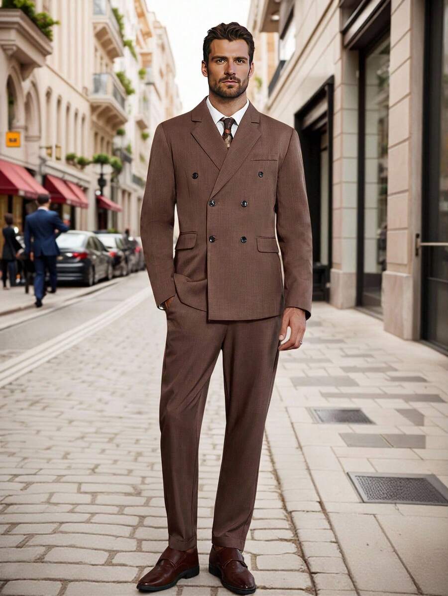 Calvornis 男士修身双排扣长袖西装外套和口袋裤套装 - 紫紅色 - 查看 1