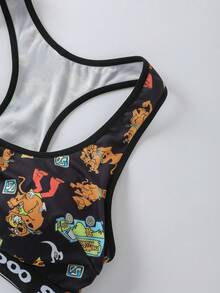 SCOOBY-DOO X SHEIN Plus Size Women Cartoon Letter Graphic Elastic Band Crisscross Back Bra And Boxy Panty Set - Black - View 3