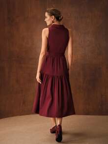 MOTF PREMIUM HALF BUTTON RUFFLE HEM DRESS - Red - View 3