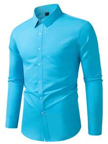 Manfinity Mode 简约休闲长袖衬衫，正面纽扣设计。 - 水鴨藍 - 查看 3