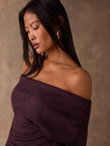 SHEIN BAE Women's Solid Color Minimalist Off Shoulder Long Sleeve Top, Everyday Wear - Maroon - View 8