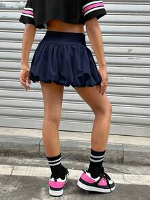 Coolane Kids 少女秋冬季基本款针织弹力舒适黑色泡泡裙 - 藍色 - 查看 3