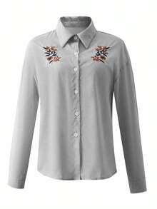 Franclia 女士基础款蓝白条纹刺绣花卉衬衫+棕色修身休闲裤，法式复古休闲通勤两件套 - 巧克力棕 - 查看 3