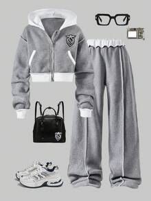 SHEIN 青少年女孩字母印花落肩拼色连帽卫衣和休闲裤套装 - 灰色 - 查看 1