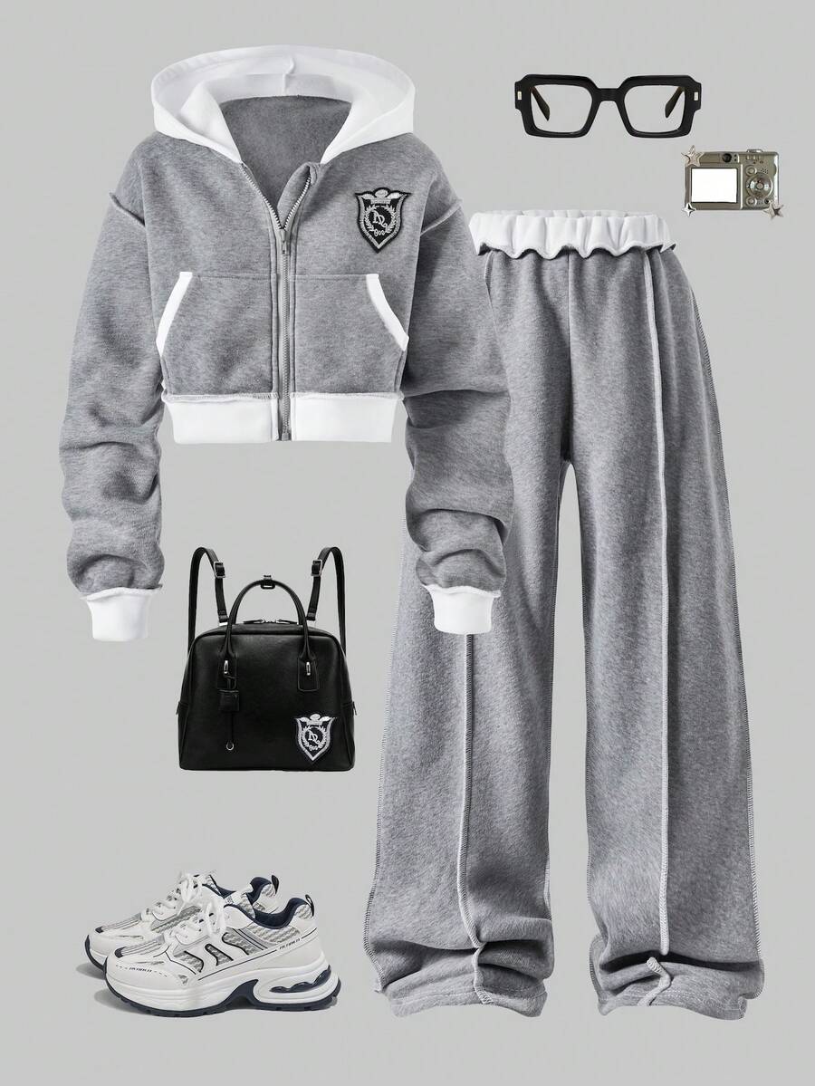 SHEIN 青少年女孩字母印花落肩拼色连帽卫衣和休闲裤套装 - 灰色 - 查看 1