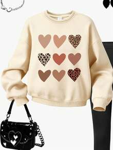 SHEIN 2pcs/Set Girls Casual Fashionable Leopard Ombre Heart Grid Print Crew Neck Sweatshirt And Leggings Outfit, Suitable For Autumn/Winter - Multicolor - View 4