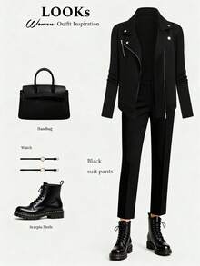 SHEIN Tall 女式纹理面料翻领拉链休闲机车夹克 - 黑色 - 查看 9