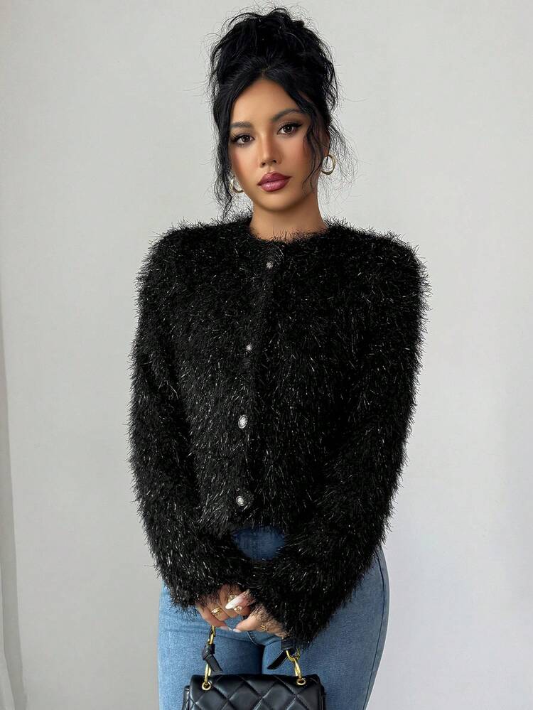 Women's Elegant Textured Round Neck Jacket, Autumn