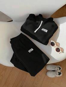 SHEIN 2 件套年轻男童休闲简约服装，羊毛加厚，适合秋冬季 - 黑色 - 查看 6