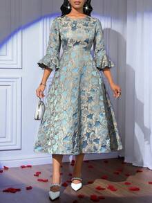 SHEIN Lady فستان أنيق للنساء بأكمام واسعة وطبعات جاكارد متوسط الطول