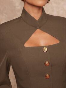 Lumalex 立领镂空腰部金属纽扣收腰直筒短裤，女士长袖套装 - 棕色 - 查看 6