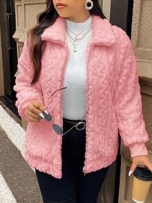 SHEIN Frenchy Jaqueta feminina plus size casual, simples e felpuda, de manga comprida, ideal para o inverno. - Rosa - Ver 3