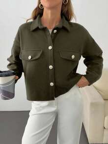 EURMUSE Solid Color, Gold Button Details, Coat - Army Green - View 5