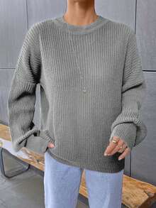 EURMUSE Solid Color Crew Neck Casual Versatile Pullover Sweater, Autumn/Winter - Grey - View 6