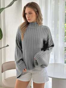 Cloudara Women High Neck Flare Sleeve Rib Knit Comfy Sweater Pullover - Light Grey - View 5