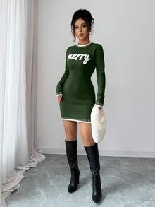 Elenzga Women's Round Neck Contrast Color "Merry Christmas" Bodycon Mini Dress, Knitted Letter Print, Casual Holiday Christmas Sweater Dress, Red - Army Green - View 6