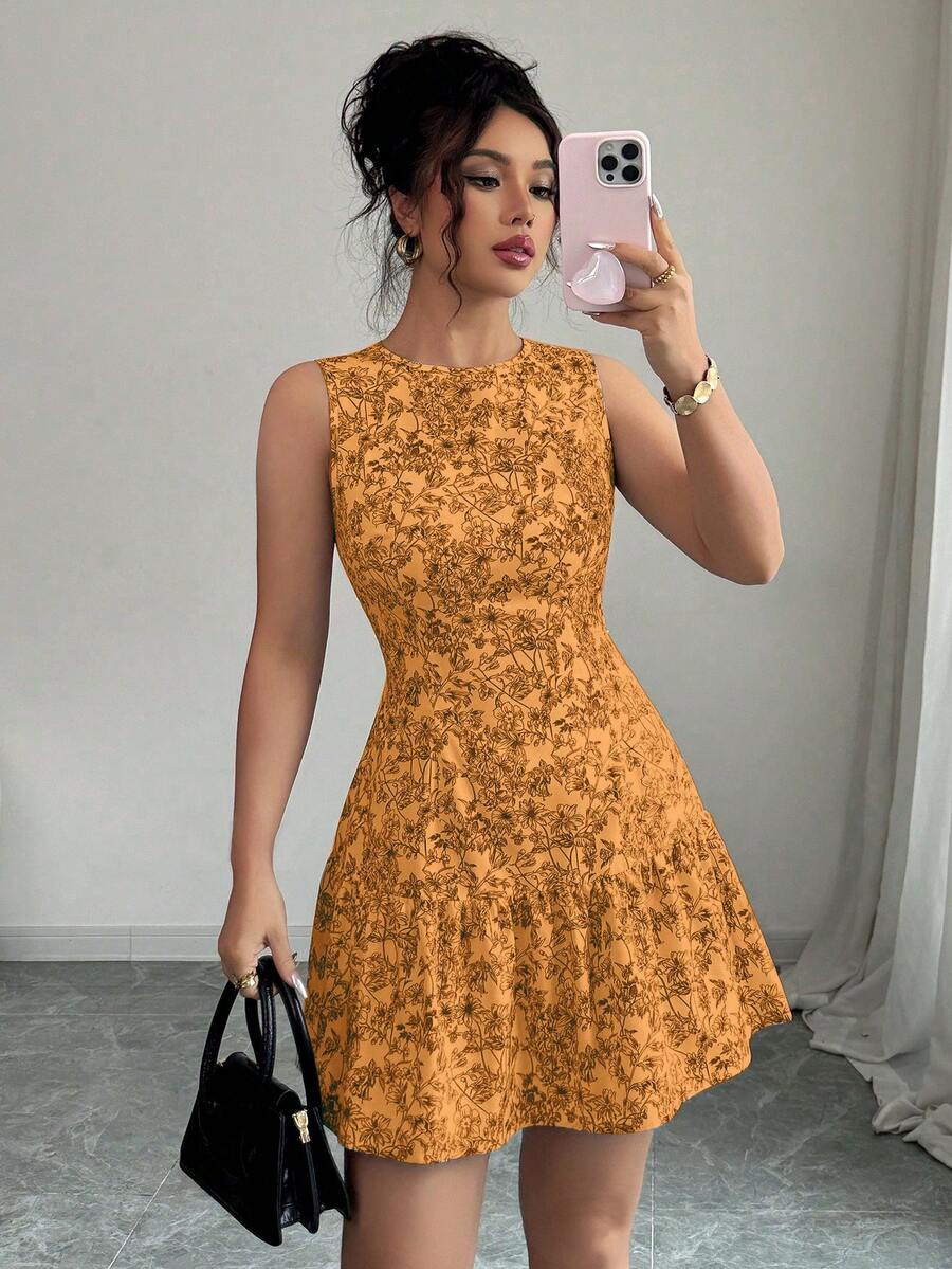 Elenzga Váy ngắn không tay họa tiết hoa phong cách Bohemian, thiết kế thanh lịch kiểu Pháp, phù hợp cho mùa tốt nghiệp, trang phục mùa hè - Màu vàng - Xem 1