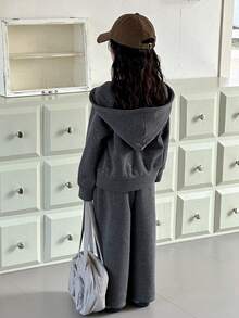 DAZY Young Girl Casual Daily Commute Simple Solid Color Rhinestone Zipper Hoodie And Wide Leg Sweatpants Set, Warm Thermal Lined For Autumn/Winter - Grey - View 4