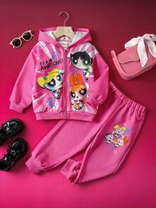 THE POWERPUFF GIRLS X SHEIN 小女孩卡通花朵、泡泡、毛茛图案连帽衫和运动裤套装，秋冬季 - 粉色 - 查看 2
