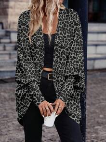 SHEIN Frenchy Áo khoác mỏng dài tay họa tiết da báo dành cho nữ - Màu xám đen - Xem 5