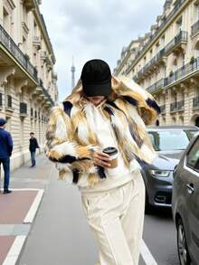 SHEIN Clasi Plus Size Women's Color Block Fluffy Collar Jacket, Minimalist & Fashionable For Commuting