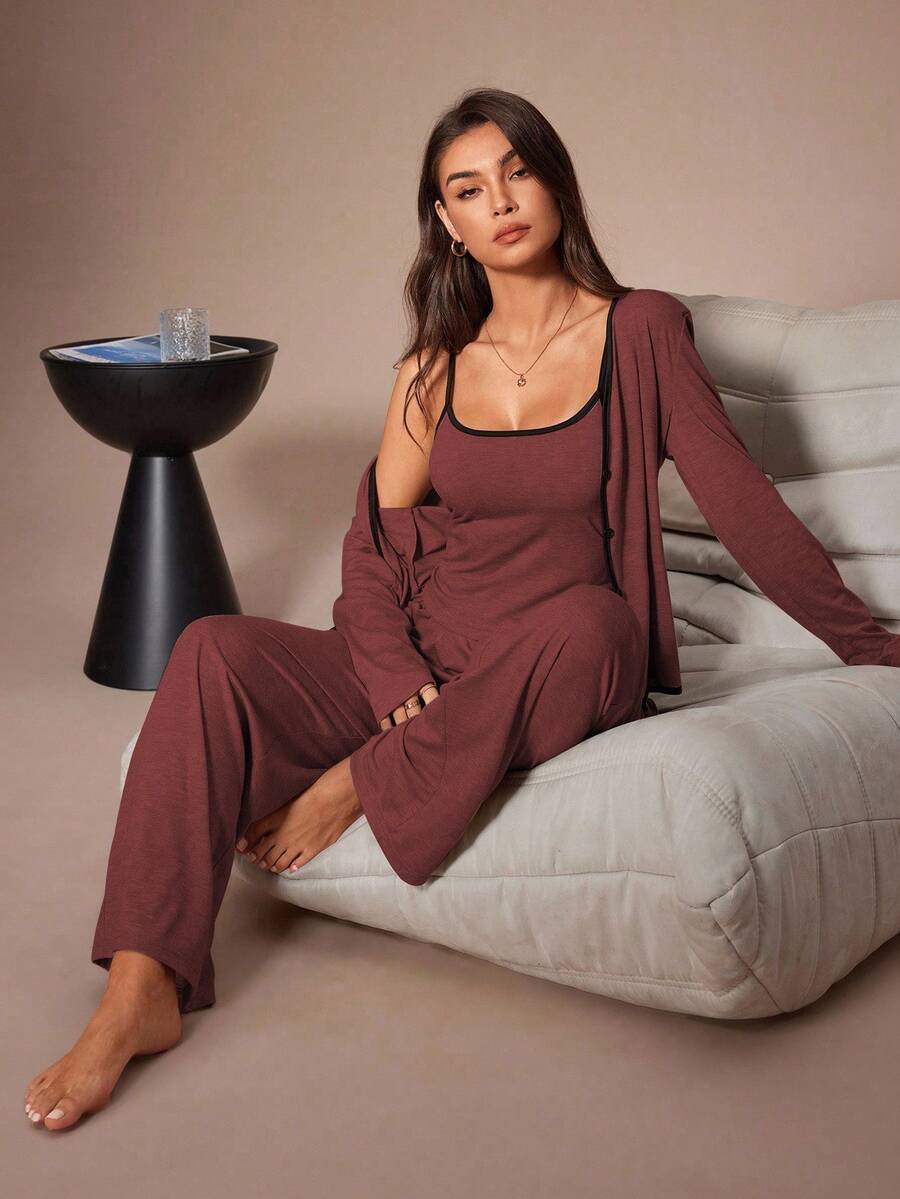 Lazeform 3 pièces Ensemble de tenue de détente femme avec haut ajusté à manches longues de couleur unie, débardeur et pantalon. Vêtements d'automne et d'hiver