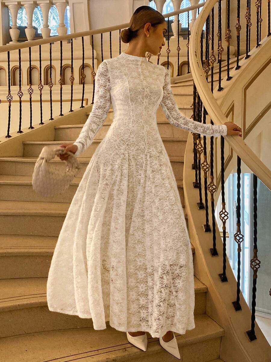 Livesso 优雅女士中长款蕾丝喇叭连衣裙，适合秋冬季派对和宴会穿着 - 白色 - 查看 1