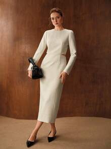 MOTF PREMIUM WOMEN'S WOOL BLEND MINIMALIST STRUCTURED MID-LENGTH FITTED DRESS - Beige - View 7